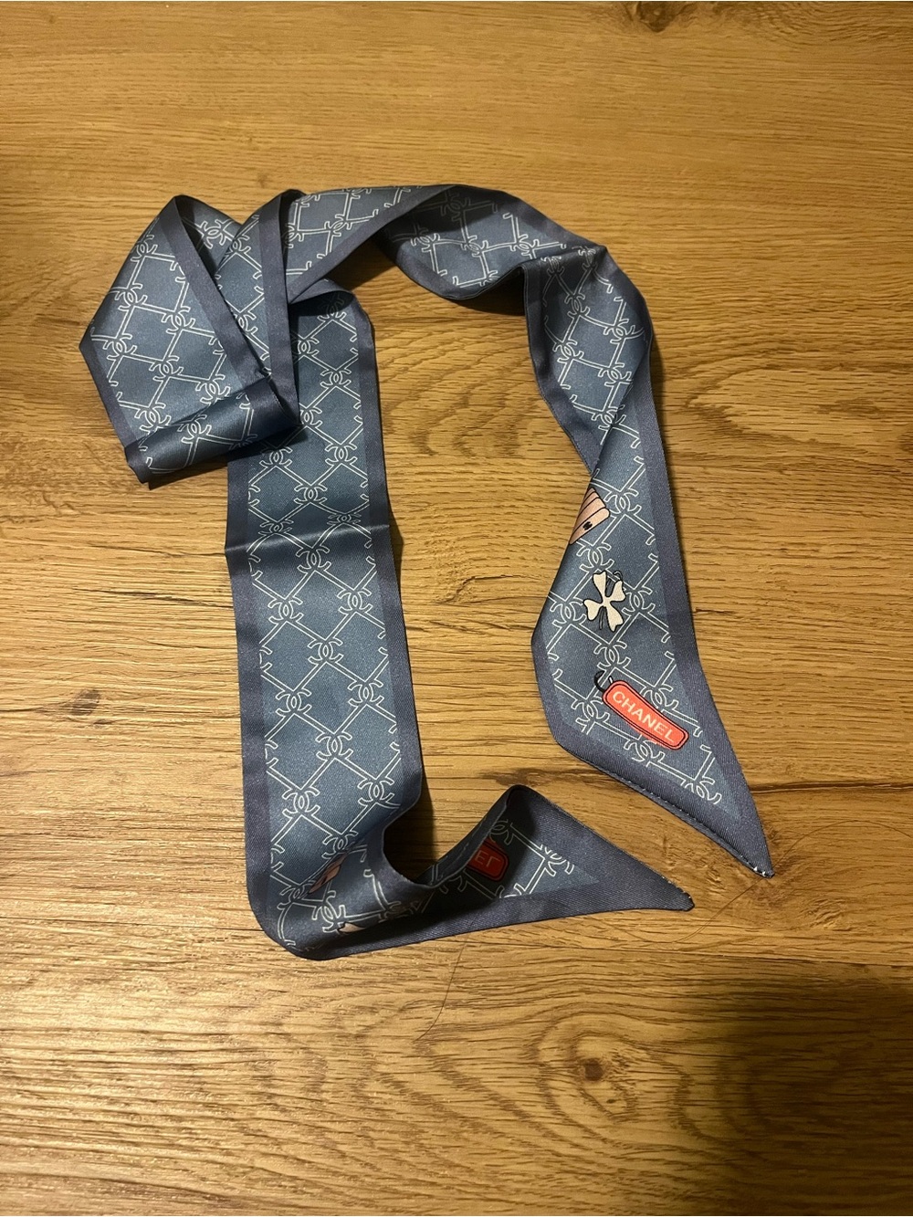 Chanel Dark Grey CC Charm Print Silk Twilly Scarf